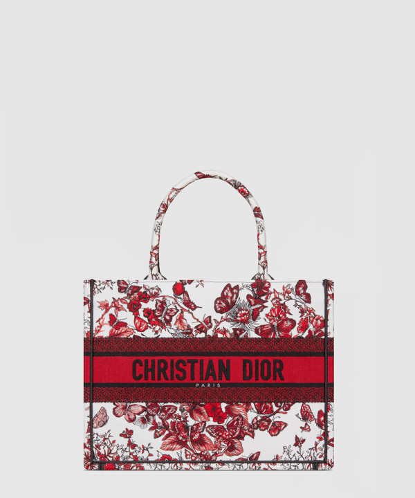 디올 미디움 디올 북 토트백 화이트 레드 르 꾀흐 파피용 M1296