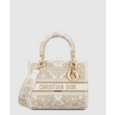 디올 미디움 레이디 디라이트 백 버터플라이 어라운드 더 월드 골드 톤 화이트 M0565