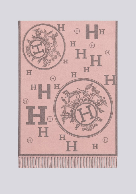 (국내배송) 에르메스 H로고 아트워크 울 자카드 태슬 숄 머플러
