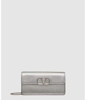 발렌티노 브이로고 시그니처 메탈릭 그레인 카프스킨 체인 지갑