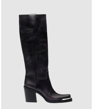 미우미우 메탈릭 토 로고 레더 롱 부츠 5W859D